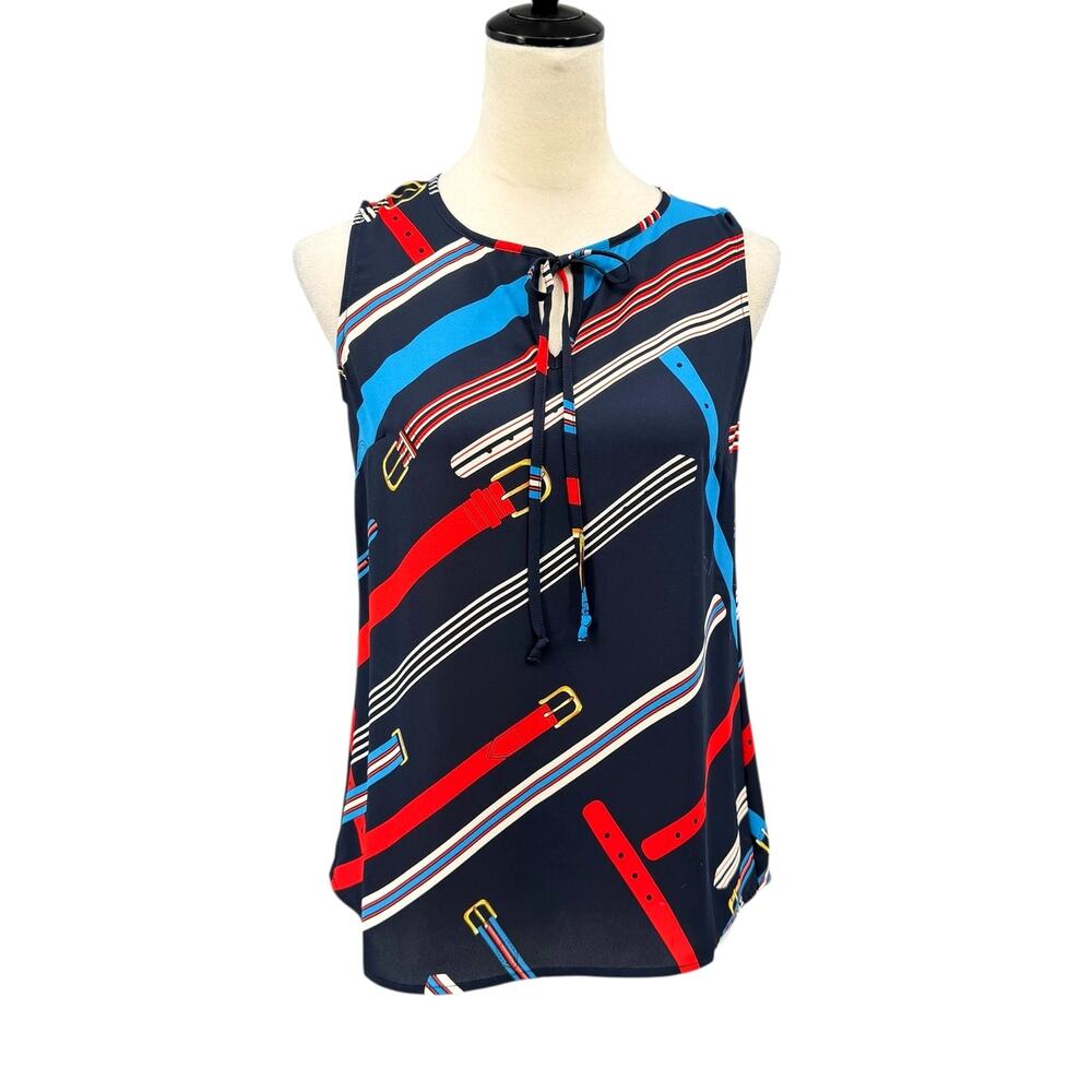 Cabi NWT 5736 Hold Up Navy Red Belt Buckle Print Novelty Sleeveless Blouse Tank